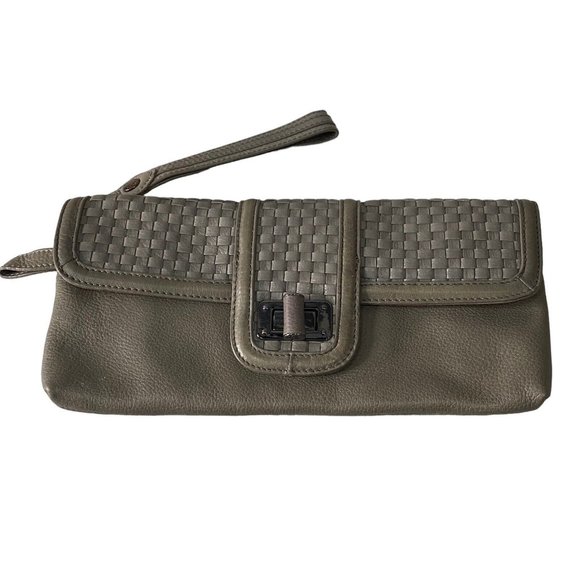 ELLIOTT LUCCA Leather Gray Woven Envelope Rectangle Flip Handbag Clutch Purse - Picture 1 of 10